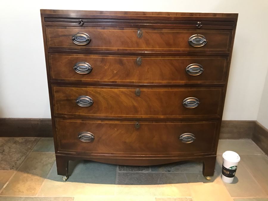 Vintage BAKER Furniture Bowfront Chest Of Drawers On Casters Estimate $1,000 [Photo 1]