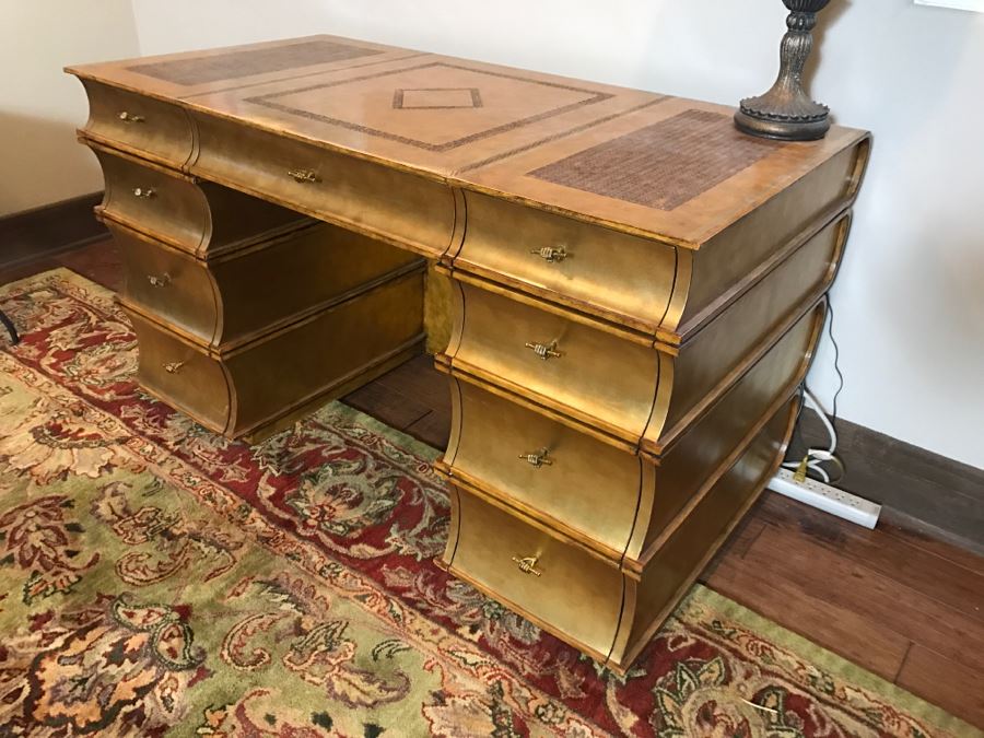 Maitland-Smith Gold Tone Leather Top Desk With Book Motif Estimate $1,000-$2,000 [Photo 3]