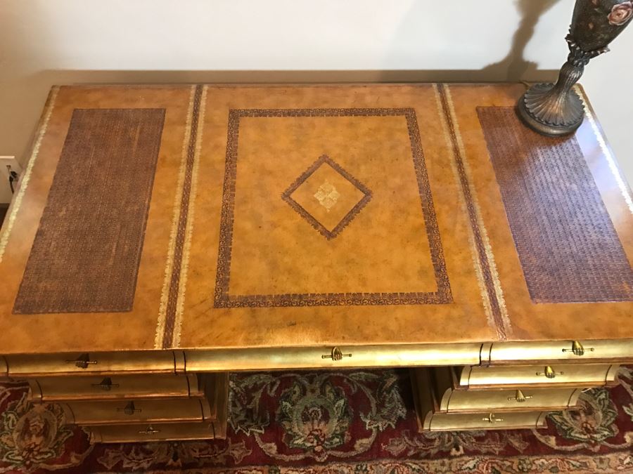 Maitland-Smith Gold Tone Leather Top Desk With Book Motif Estimate $1,000-$2,000 [Photo 5]
