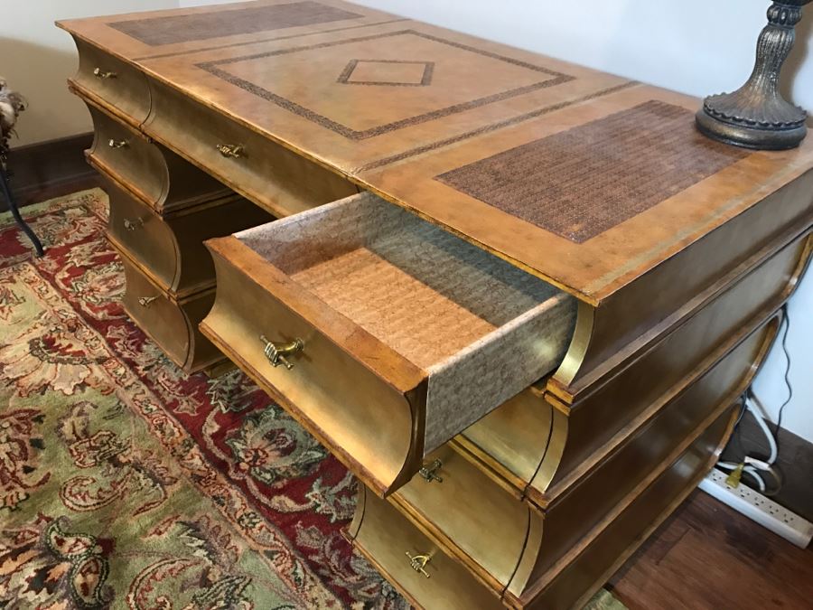 Maitland-Smith Gold Tone Leather Top Desk With Book Motif Estimate $1,000-$2,000 [Photo 13]