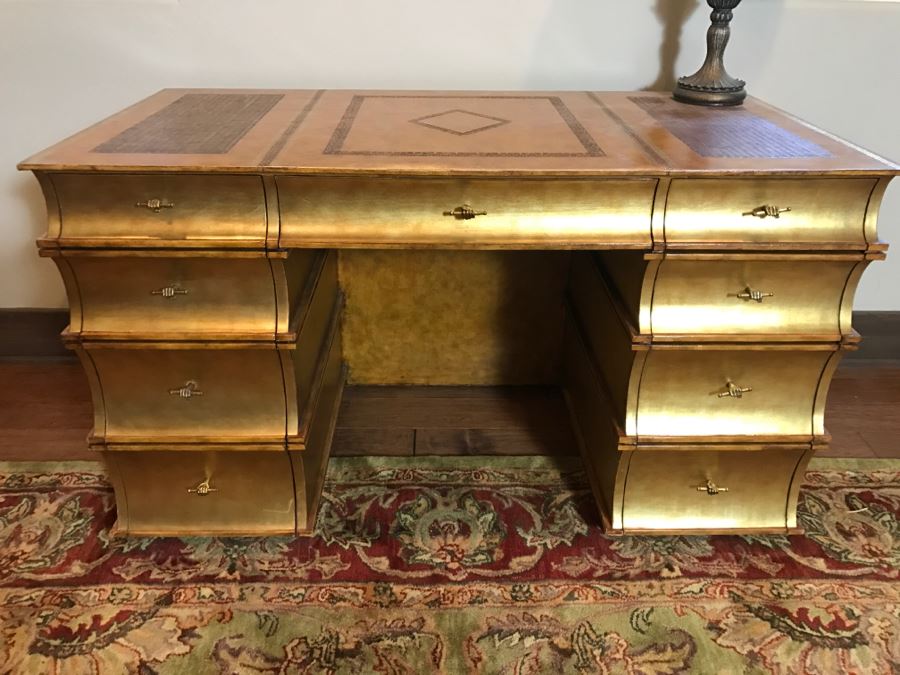Maitland-Smith Gold Tone Leather Top Desk With Book Motif Estimate $1,000-$2,000 [Photo 1]