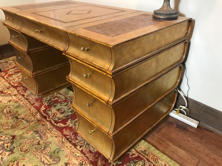 Maitland-Smith Gold Tone Leather Top Desk With Book Motif Estimate $1,000-$2,000 [Photo 4]