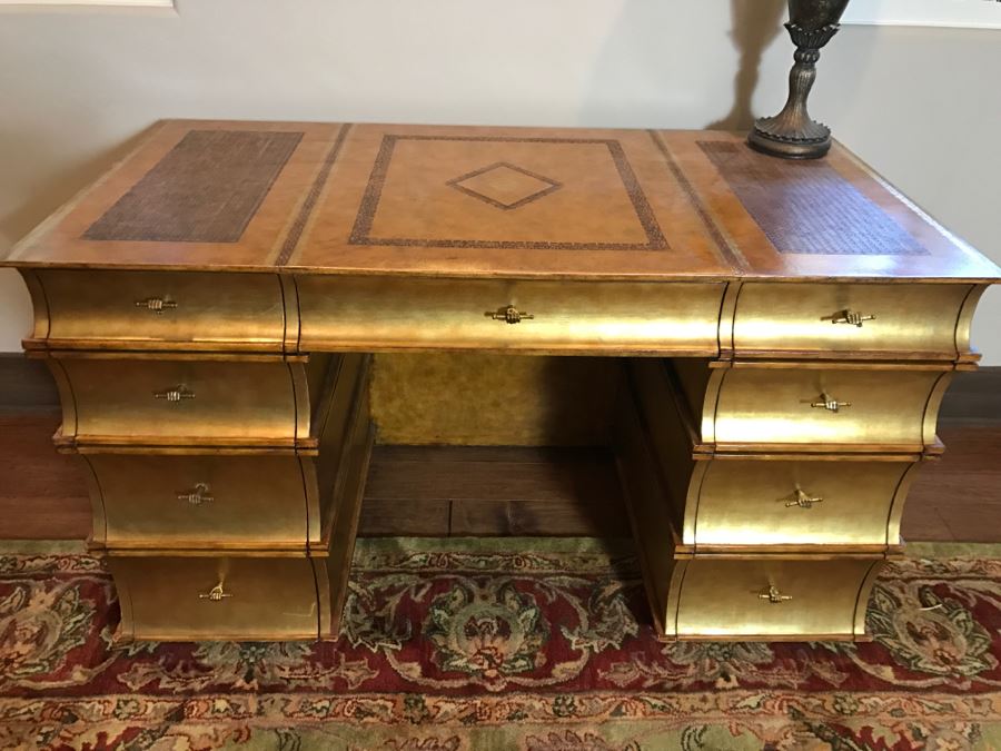 Maitland-Smith Gold Tone Leather Top Desk With Book Motif Estimate $1,000-$2,000 [Photo 2]