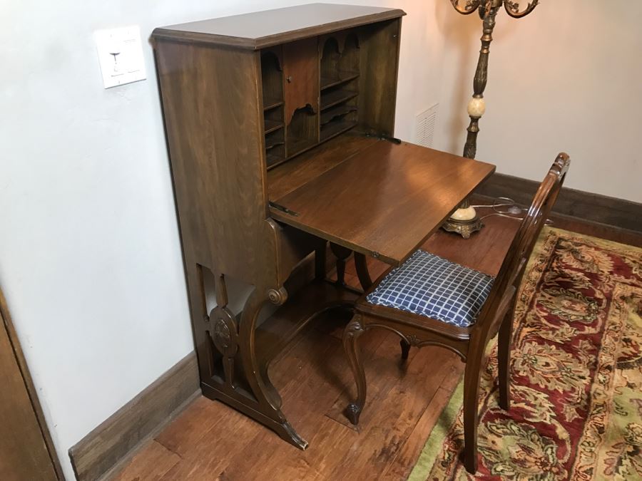 Antique Wooden Desk With Chair See Photos Inside Desk [Photo 19]