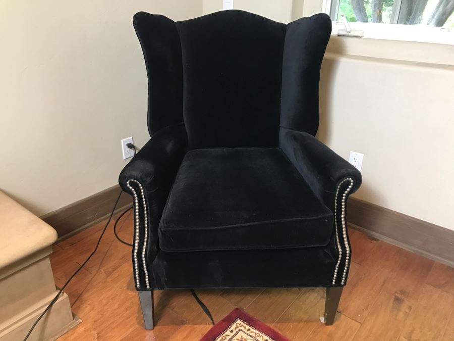 Richter Furniture Black Wingback Armchair With Brass Nailheads