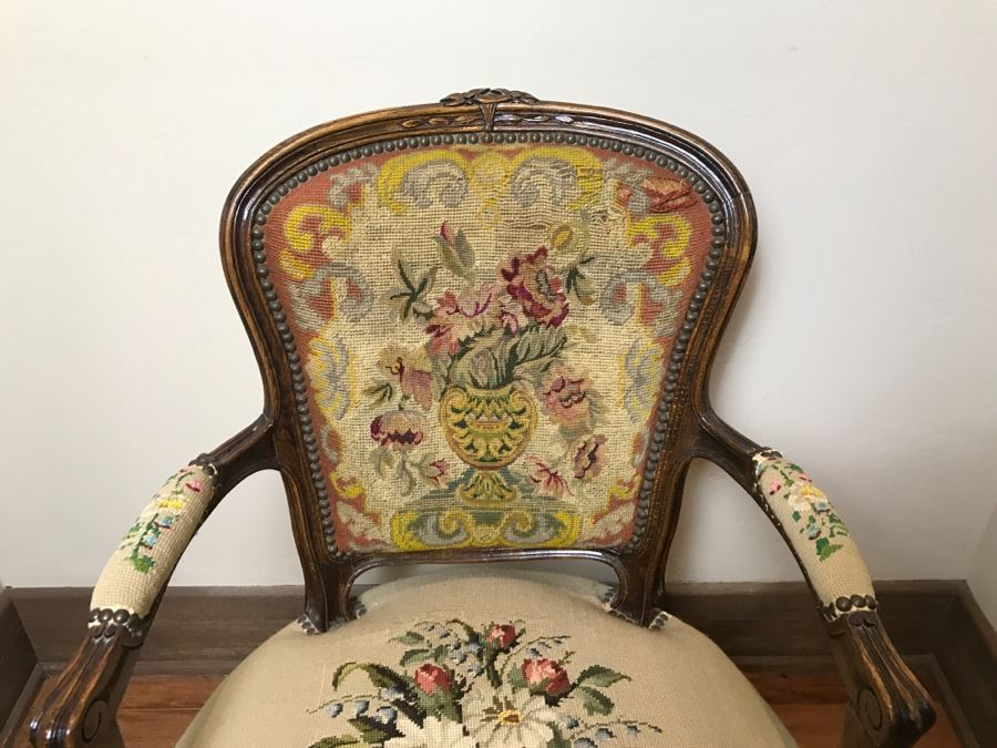 Antique Needlepoint Armchair - See Photos Where Back Of Needlepoint Needs Repair [Photo 12]