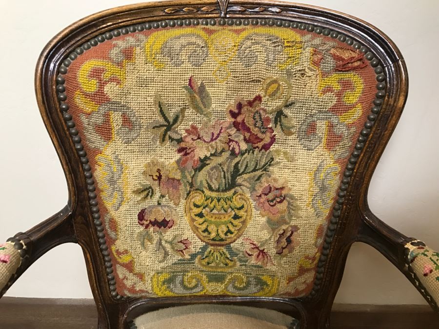 Antique Needlepoint Armchair - See Photos Where Back Of Needlepoint Needs Repair [Photo 13]