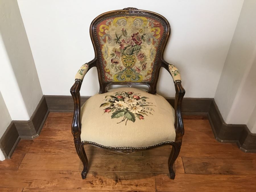 Antique Needlepoint Armchair - See Photos Where Back Of Needlepoint Needs Repair [Photo 3]