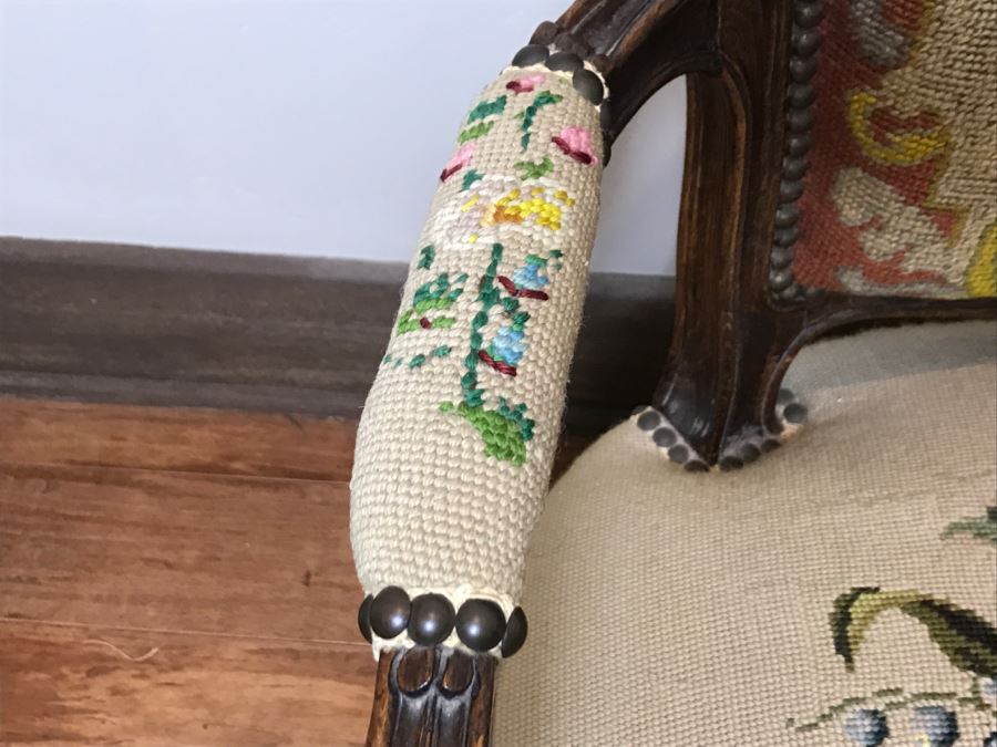 Antique Needlepoint Armchair - See Photos Where Back Of Needlepoint Needs Repair [Photo 10]
