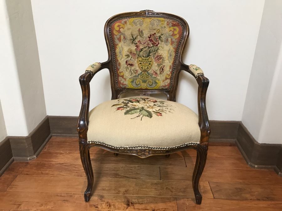 Antique Needlepoint Armchair - See Photos Where Back Of Needlepoint Needs Repair