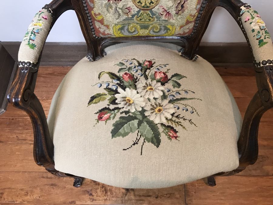 Antique Needlepoint Armchair - See Photos Where Back Of Needlepoint Needs Repair [Photo 6]
