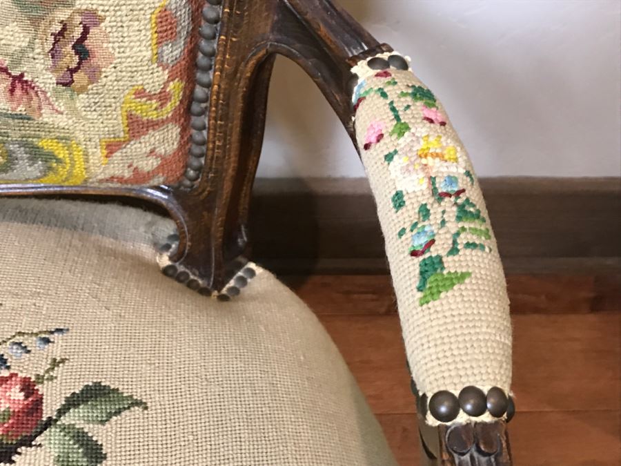 Antique Needlepoint Armchair - See Photos Where Back Of Needlepoint Needs Repair [Photo 11]