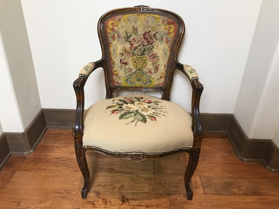 Antique Needlepoint Armchair - See Photos Where Back Of Needlepoint Needs Repair [Photo 2]