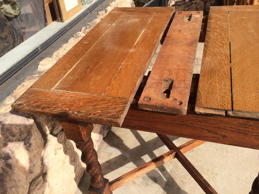 Vintage English Table w/ Casters and Four Spiral-Turned Legs Secured with Crossed Stretchers [Photo 9]