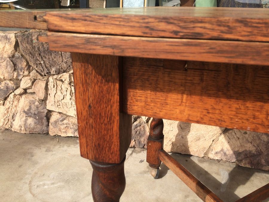 Vintage English Table w/ Casters and Four Spiral-Turned Legs Secured with Crossed Stretchers [Photo 5]