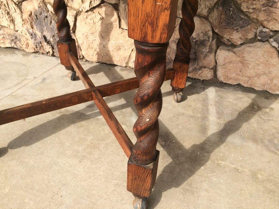 Vintage English Table w/ Casters and Four Spiral-Turned Legs Secured with Crossed Stretchers [Photo 2]