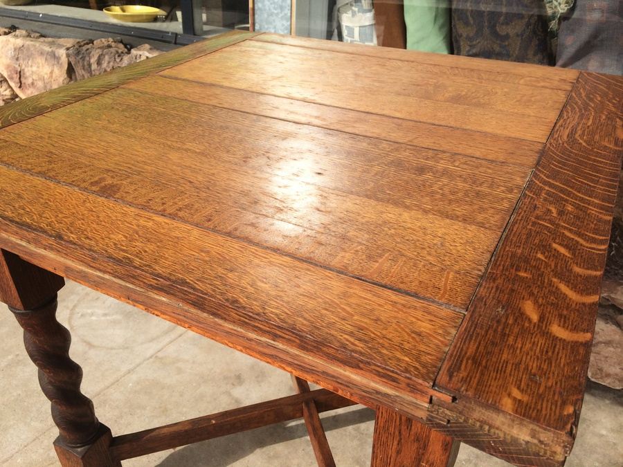 Vintage English Table w/ Casters and Four Spiral-Turned Legs Secured with Crossed Stretchers [Photo 3]