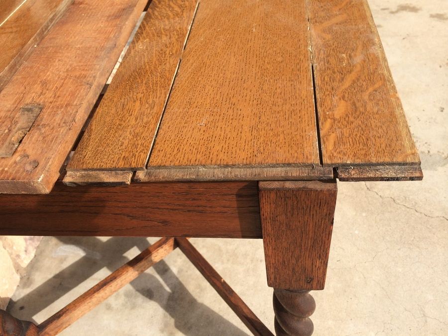 Vintage English Table w/ Casters and Four Spiral-Turned Legs Secured with Crossed Stretchers [Photo 8]