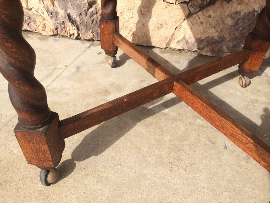 Vintage English Table w/ Casters and Four Spiral-Turned Legs Secured with Crossed Stretchers [Photo 4]