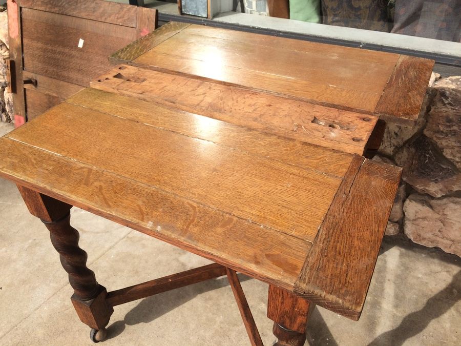 Vintage English Table w/ Casters and Four Spiral-Turned Legs Secured with Crossed Stretchers [Photo 7]