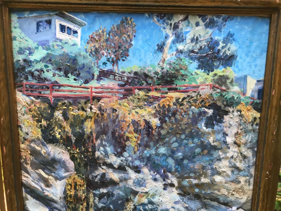 Original Plein Air Oil Painting On Canvas Panel By FORT Titled 'Cliff With Red Fence' 24' X 30' [Photo 2]