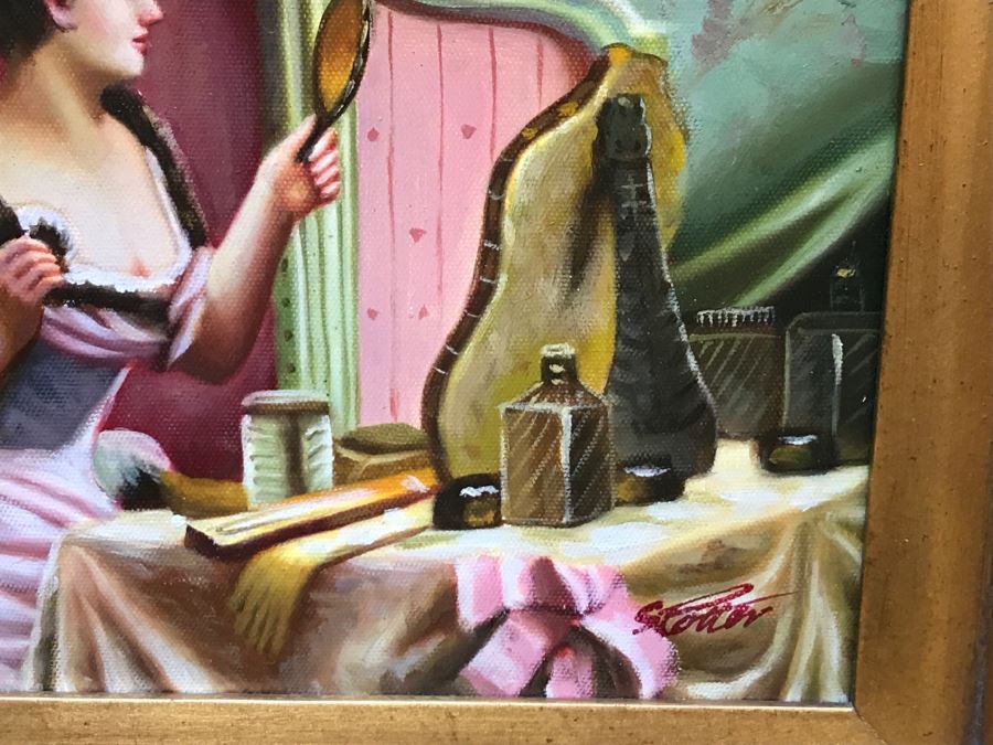 Original Painting On Canvas In Stunning Frame Of Sitting Woman Looking At Vanity Mirror Signed S. Potter? [Photo 7]