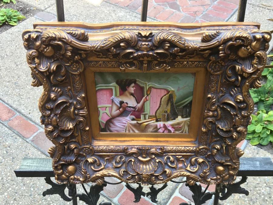 Original Painting On Canvas In Stunning Frame Of Sitting Woman Looking At Vanity Mirror Signed S. Potter? [Photo 11]