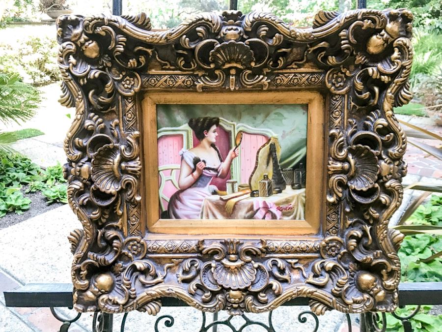 Original Painting On Canvas In Stunning Frame Of Sitting Woman Looking At Vanity Mirror Signed S. Potter?