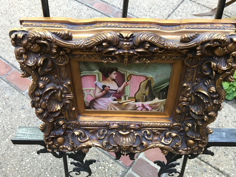 Original Painting On Canvas In Stunning Frame Of Sitting Woman Looking At Vanity Mirror Signed S. Potter? [Photo 12]