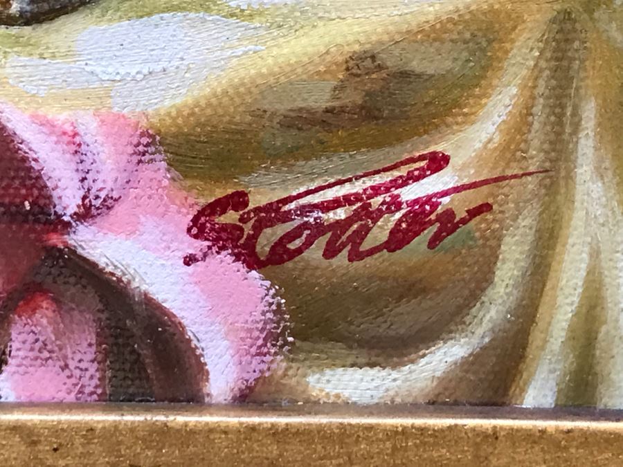 Original Painting On Canvas In Stunning Frame Of Sitting Woman Looking At Vanity Mirror Signed S. Potter? [Photo 9]