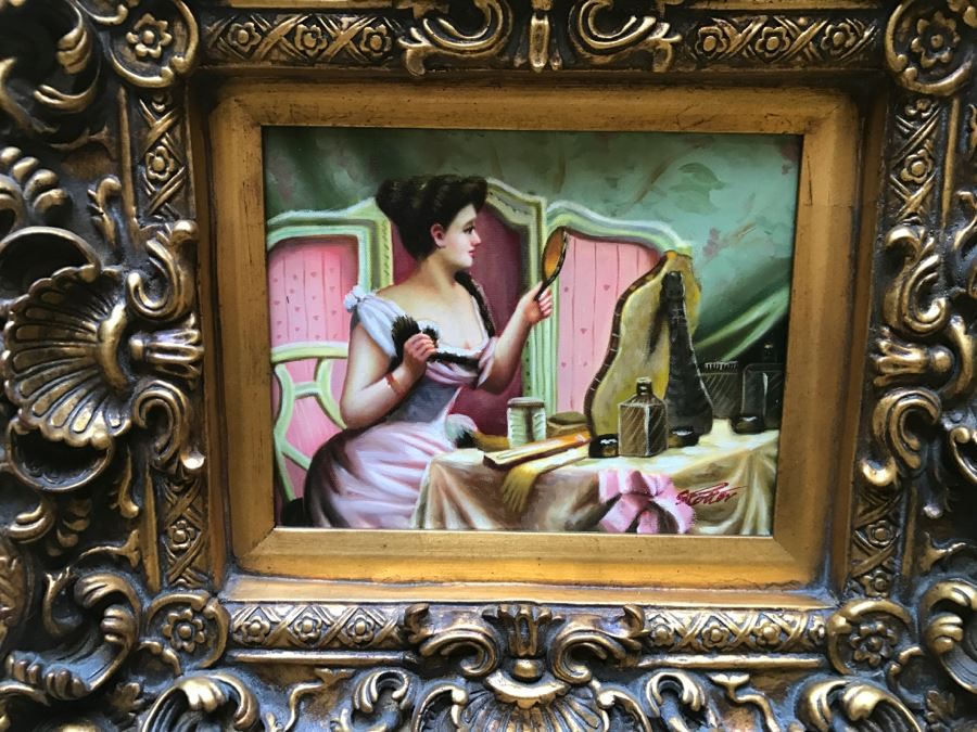 Original Painting On Canvas In Stunning Frame Of Sitting Woman Looking At Vanity Mirror Signed S. Potter? [Photo 2]