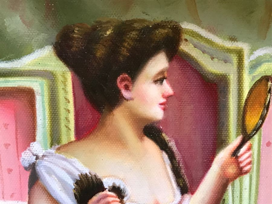 Original Painting On Canvas In Stunning Frame Of Sitting Woman Looking At Vanity Mirror Signed S. Potter? [Photo 4]