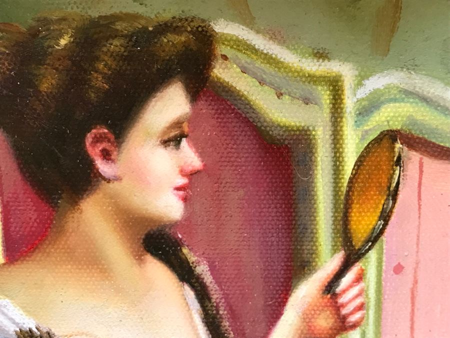 Original Painting On Canvas In Stunning Frame Of Sitting Woman Looking At Vanity Mirror Signed S. Potter? [Photo 5]