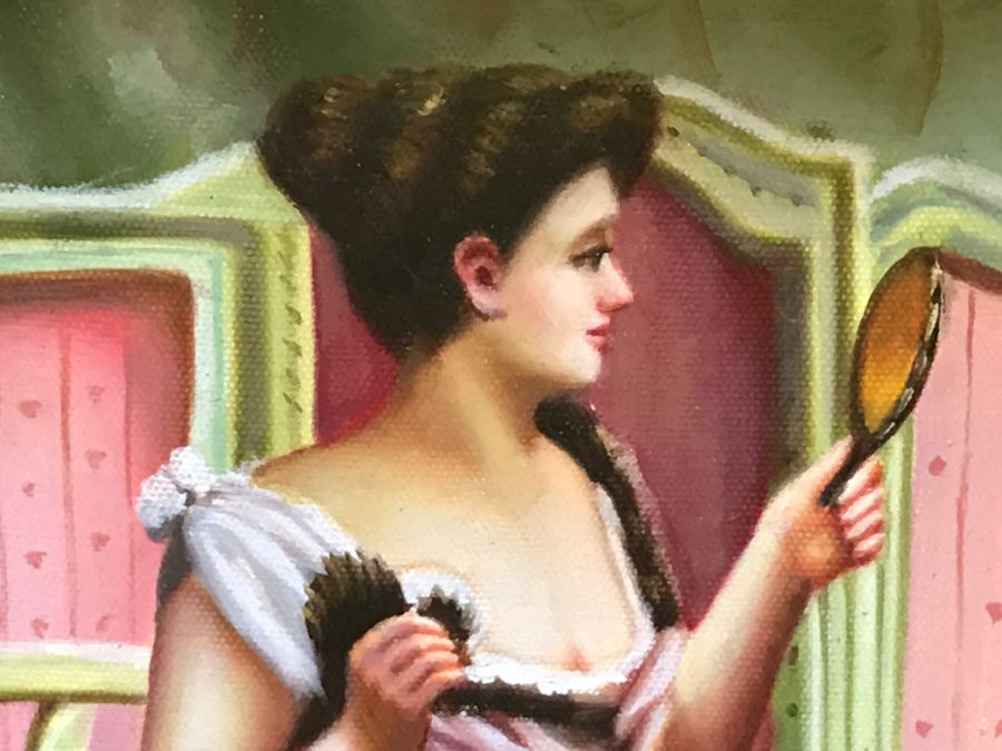 Original Painting On Canvas In Stunning Frame Of Sitting Woman Looking At Vanity Mirror Signed S. Potter? [Photo 10]