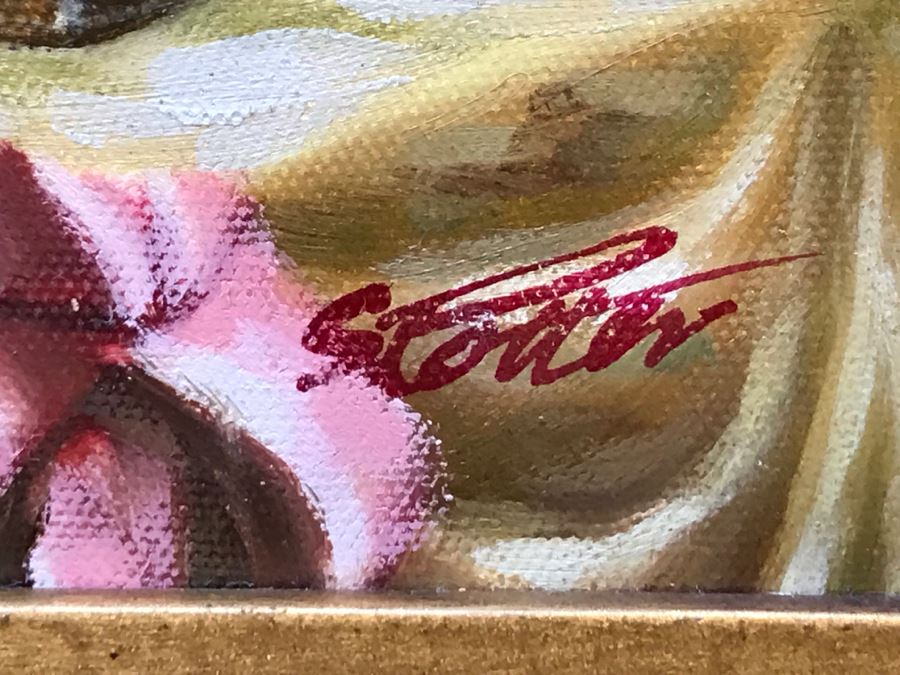 Original Painting On Canvas In Stunning Frame Of Sitting Woman Looking At Vanity Mirror Signed S. Potter? [Photo 8]