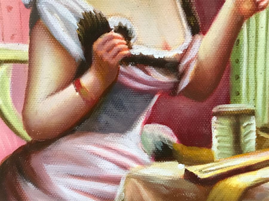 Original Painting On Canvas In Stunning Frame Of Sitting Woman Looking At Vanity Mirror Signed S. Potter? [Photo 6]