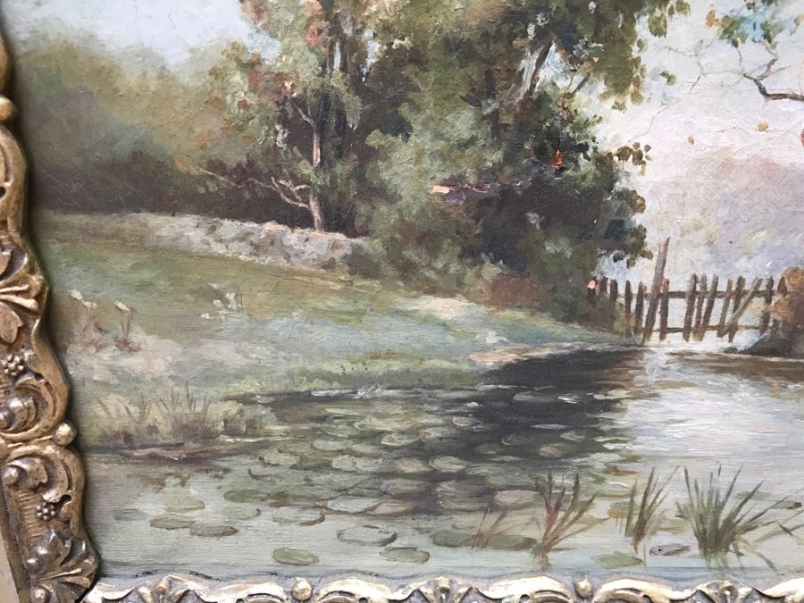 Antique Plein Air Oil Painting On Canvas In Antique Frame No Signature Found (Some Damage To Canvas See Photos) [Photo 5]