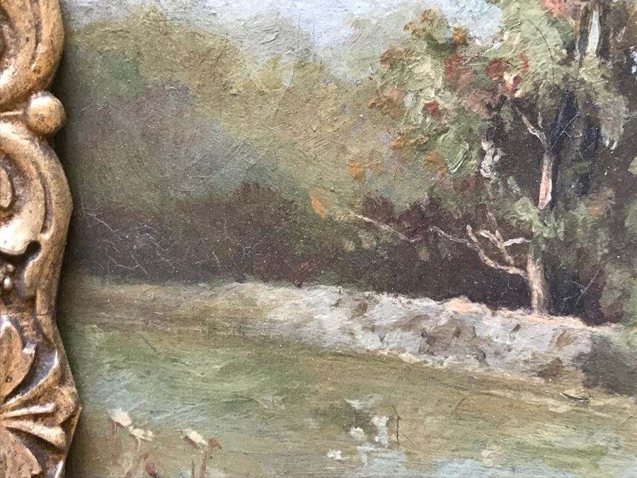 Antique Plein Air Oil Painting On Canvas In Antique Frame No Signature Found (Some Damage To Canvas See Photos) [Photo 15]