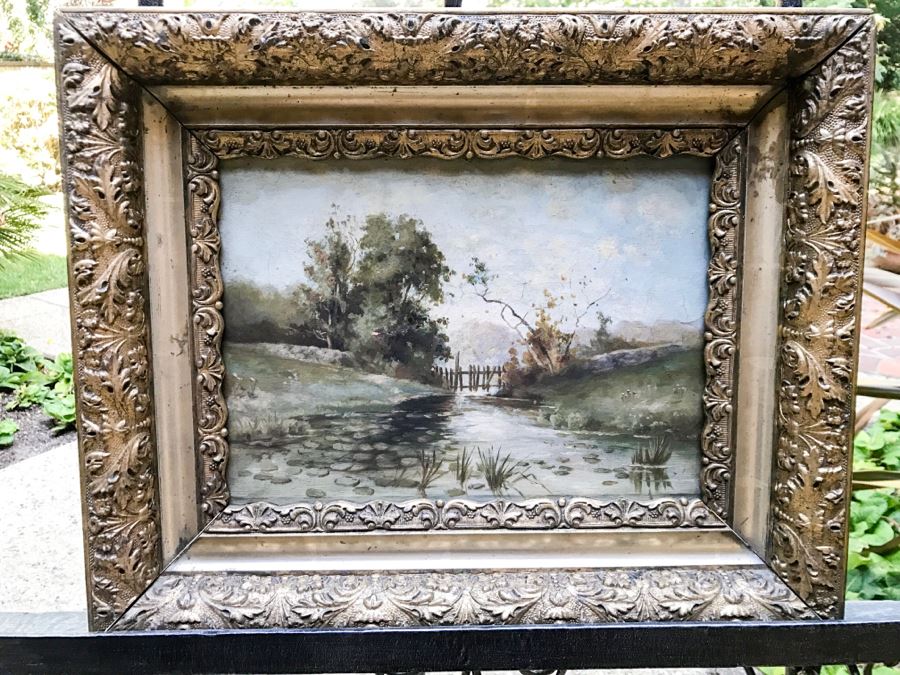 Antique Plein Air Oil Painting On Canvas In Antique Frame No Signature Found (Some Damage To Canvas See Photos)