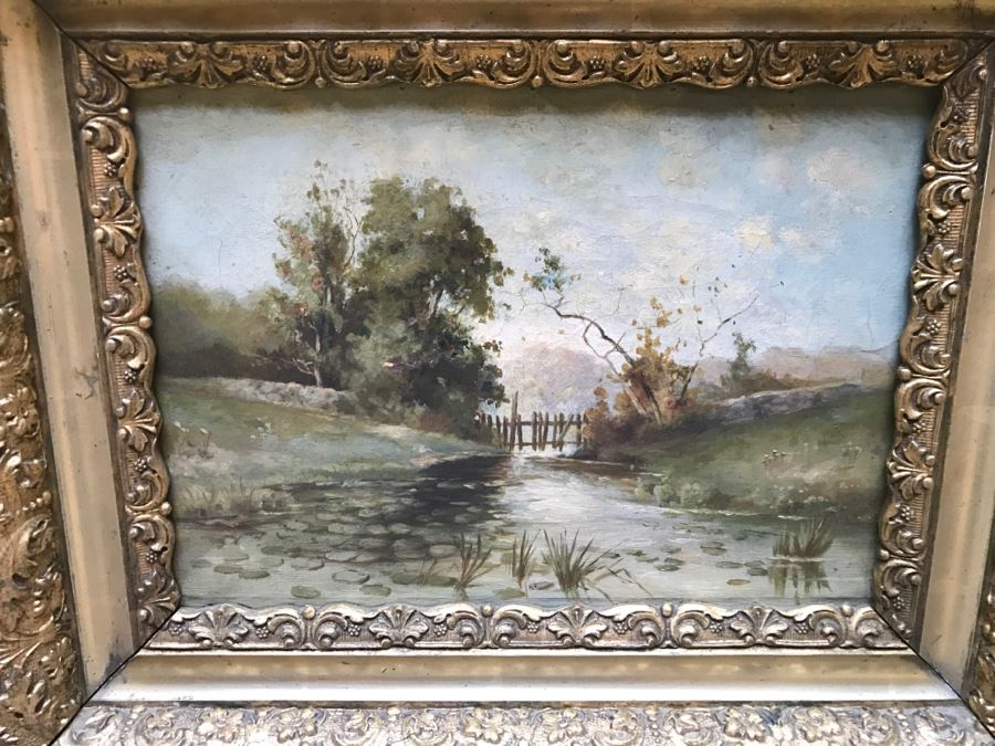 Antique Plein Air Oil Painting On Canvas In Antique Frame No Signature Found (Some Damage To Canvas See Photos) [Photo 2]