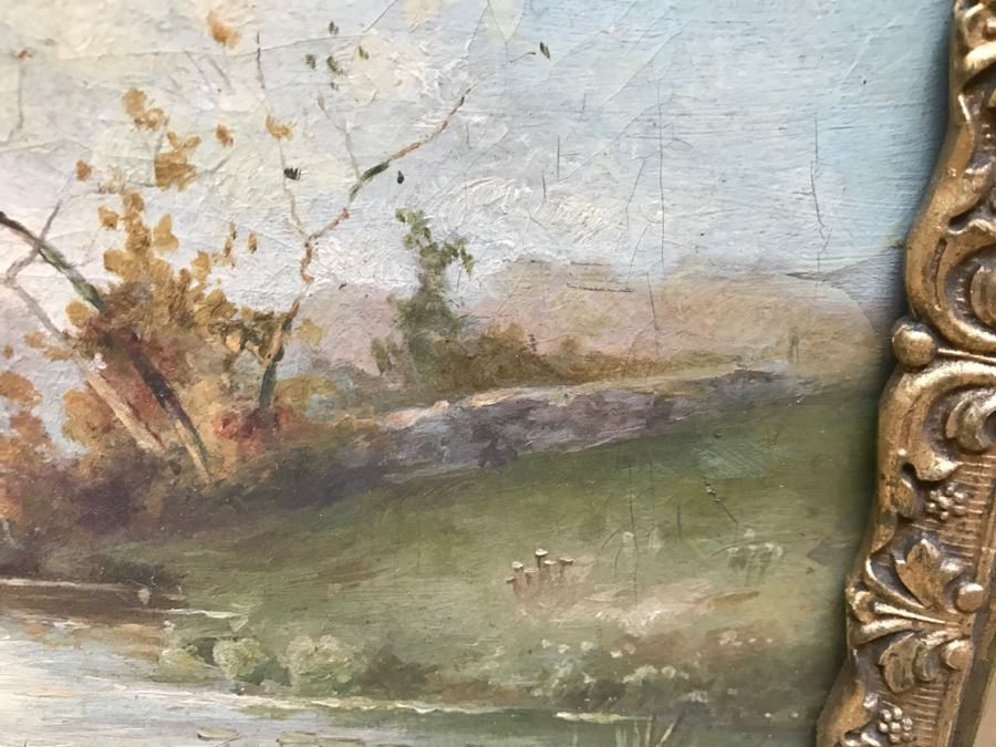 Antique Plein Air Oil Painting On Canvas In Antique Frame No Signature Found (Some Damage To Canvas See Photos) [Photo 9]