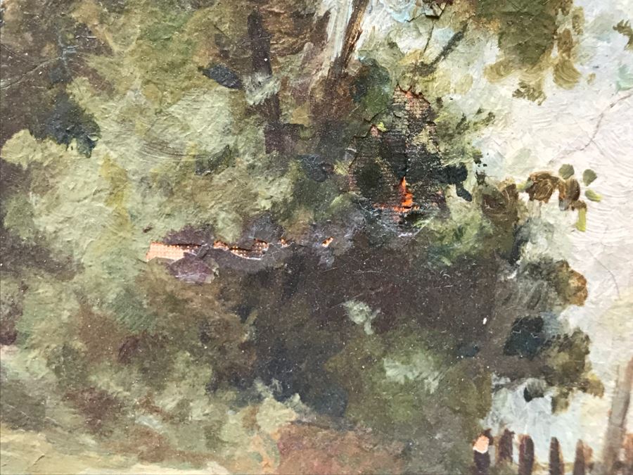 Antique Plein Air Oil Painting On Canvas In Antique Frame No Signature Found (Some Damage To Canvas See Photos) [Photo 14]