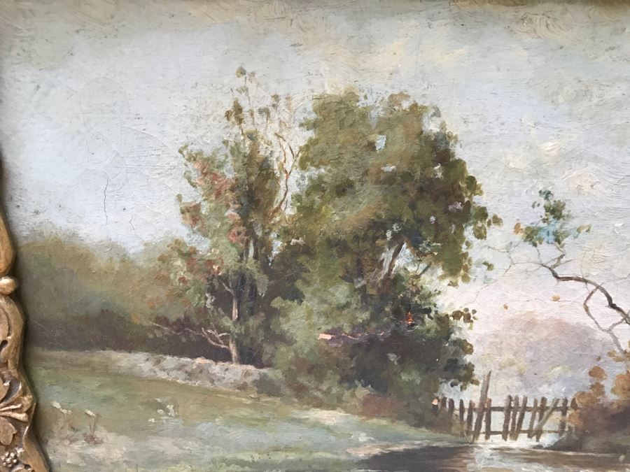 Antique Plein Air Oil Painting On Canvas In Antique Frame No Signature Found (Some Damage To Canvas See Photos) [Photo 4]