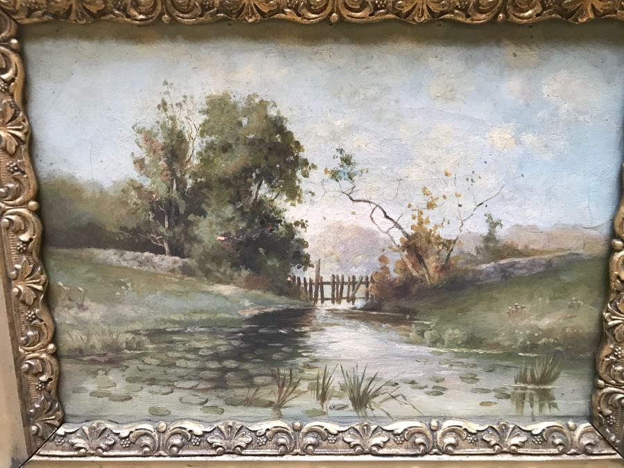 Antique Plein Air Oil Painting On Canvas In Antique Frame No Signature Found (Some Damage To Canvas See Photos) [Photo 3]