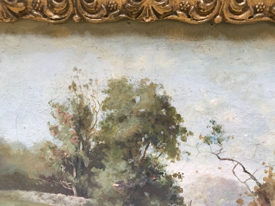 Antique Plein Air Oil Painting On Canvas In Antique Frame No Signature Found (Some Damage To Canvas See Photos) [Photo 13]