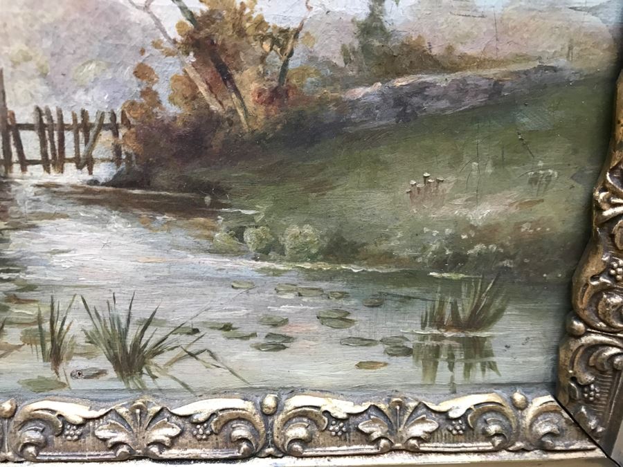 Antique Plein Air Oil Painting On Canvas In Antique Frame No Signature Found (Some Damage To Canvas See Photos) [Photo 8]