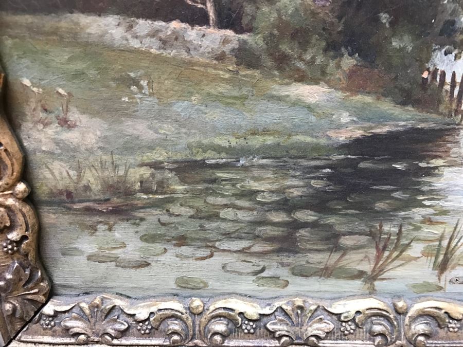 Antique Plein Air Oil Painting On Canvas In Antique Frame No Signature Found (Some Damage To Canvas See Photos) [Photo 6]