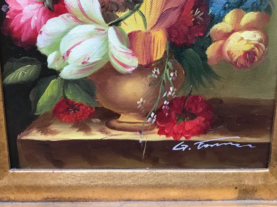 Original Floral Still Life Painting In Stunning Gilded Frame Signature Illegible [Photo 7]