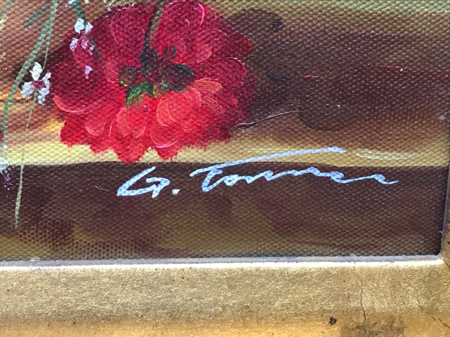 Original Floral Still Life Painting In Stunning Gilded Frame Signature Illegible [Photo 8]