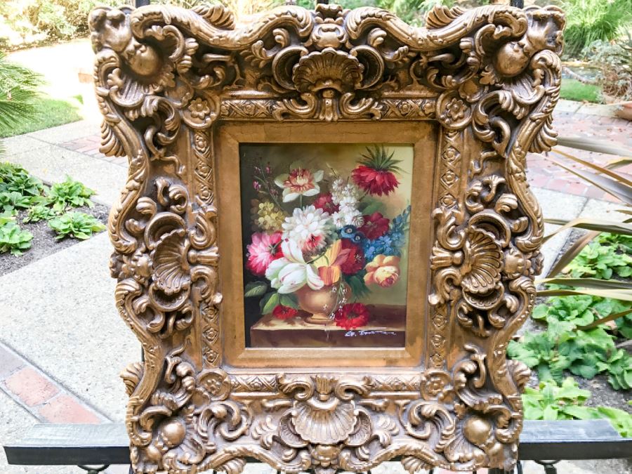 Original Floral Still Life Painting In Stunning Gilded Frame Signature Illegible